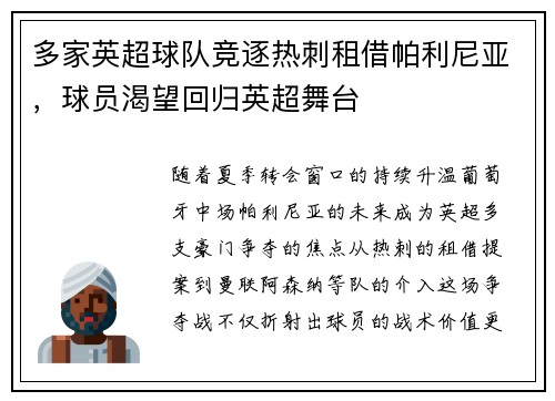 多家英超球队竞逐热刺租借帕利尼亚，球员渴望回归英超舞台