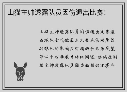 山猫主帅透露队员因伤退出比赛！